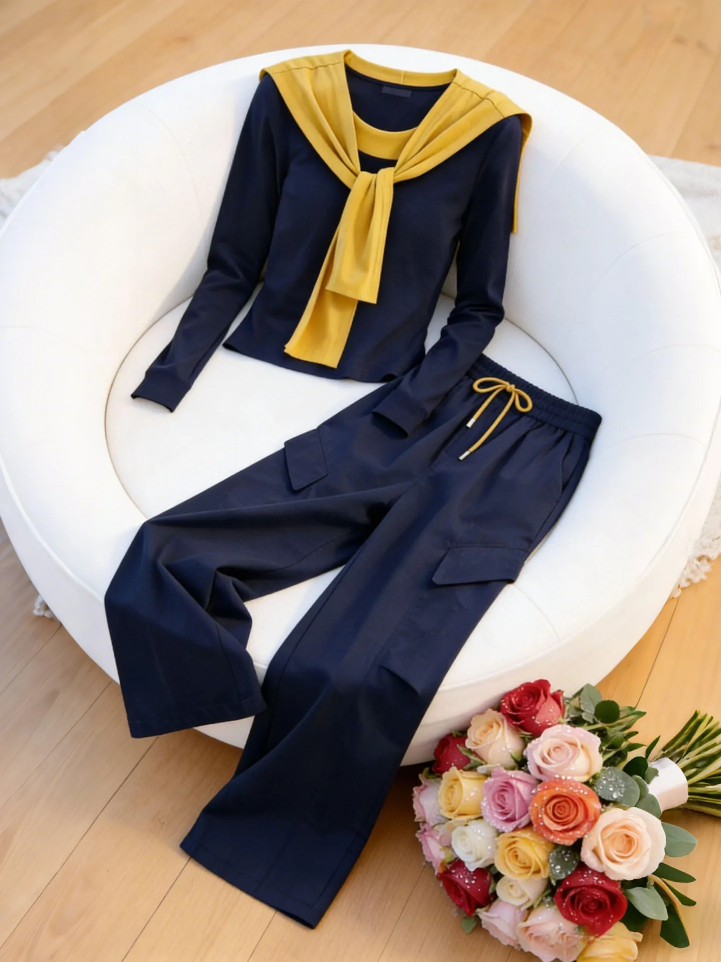 

Весенний модный комплект для женщин: цветной блок-пэчворк, длинный рукав, брюки с высокой талией и широкими штанинами, повседневный стиль, комплект из двух предметов, дышащий материал.