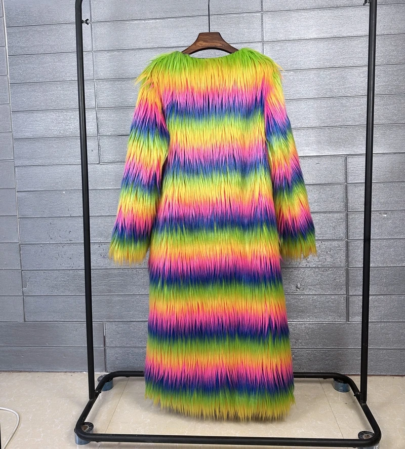 Regenbogenfarbener Pelzmantel aus Bergwolle, verlängerte Länge, Oberbekleidung, feenhafte Lederimitation für Damen und Herren, Pendeln