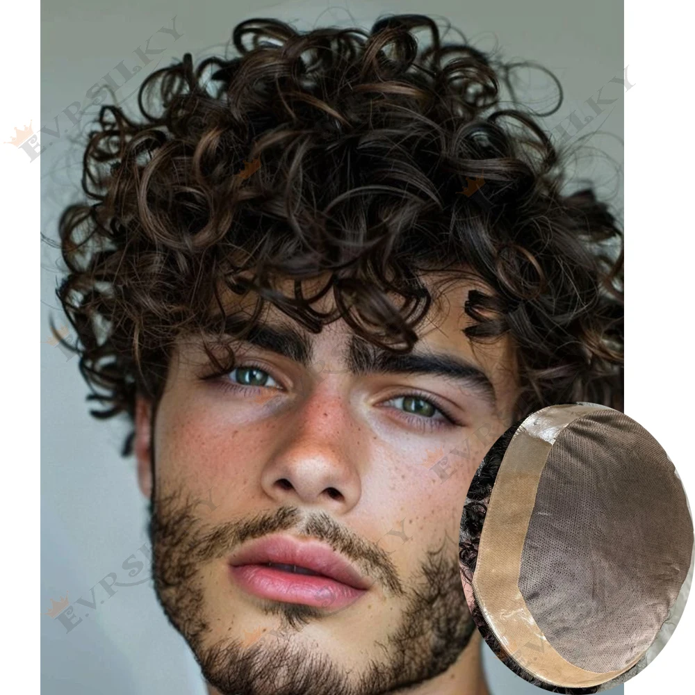 

100% человеческие волосы, мужской парик, коричневый, блондин, 20 мм, 22 мм, вьющиеся, прочные, тонкие, моно протезы, капиллярные, натуральные, мужские шиньоны спереди