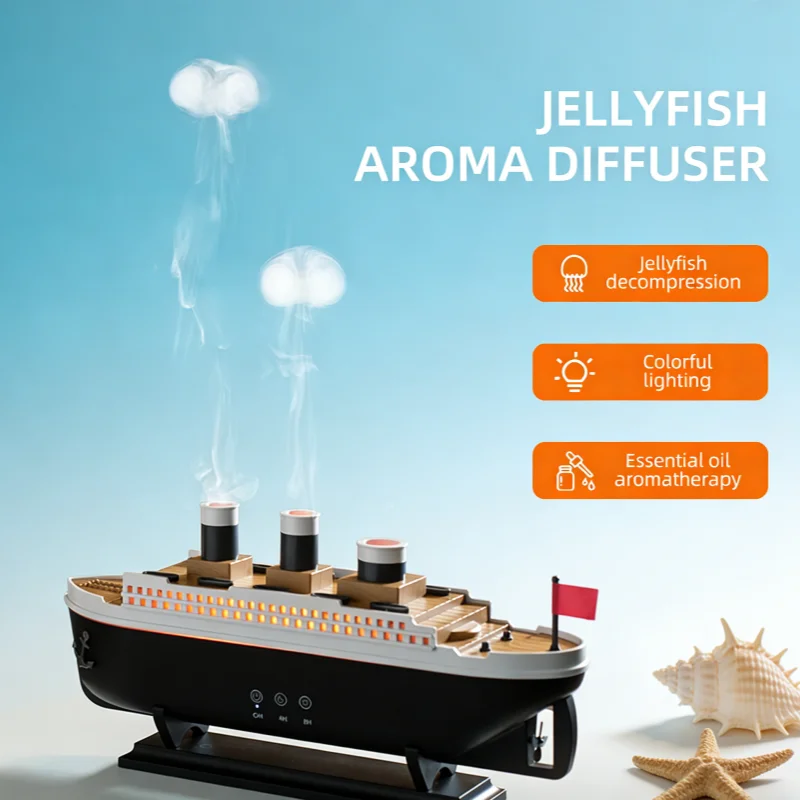 Titanic Ship Model Air Humidifier 250ml with Remote Control Essential Oil Diffuser Jellyfish Light Smoke Ring Spray for Home