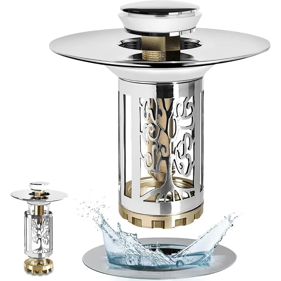 

Сливный фильтр для раковины в ванной комнате с двухсекционной съемной корзиной-уловитель для волос для универсального слива от 1,06 до 1,6 дюйма, хромированного серебра