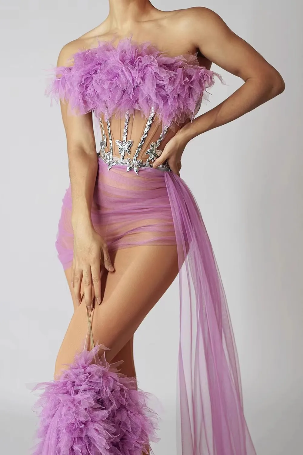 Robe de queue de fleur en maille pour femme, tenues de performance sexy, violet, vert, boîte de nuit, chanteur de bar, scène, danse, fête, spectacle, nouveau