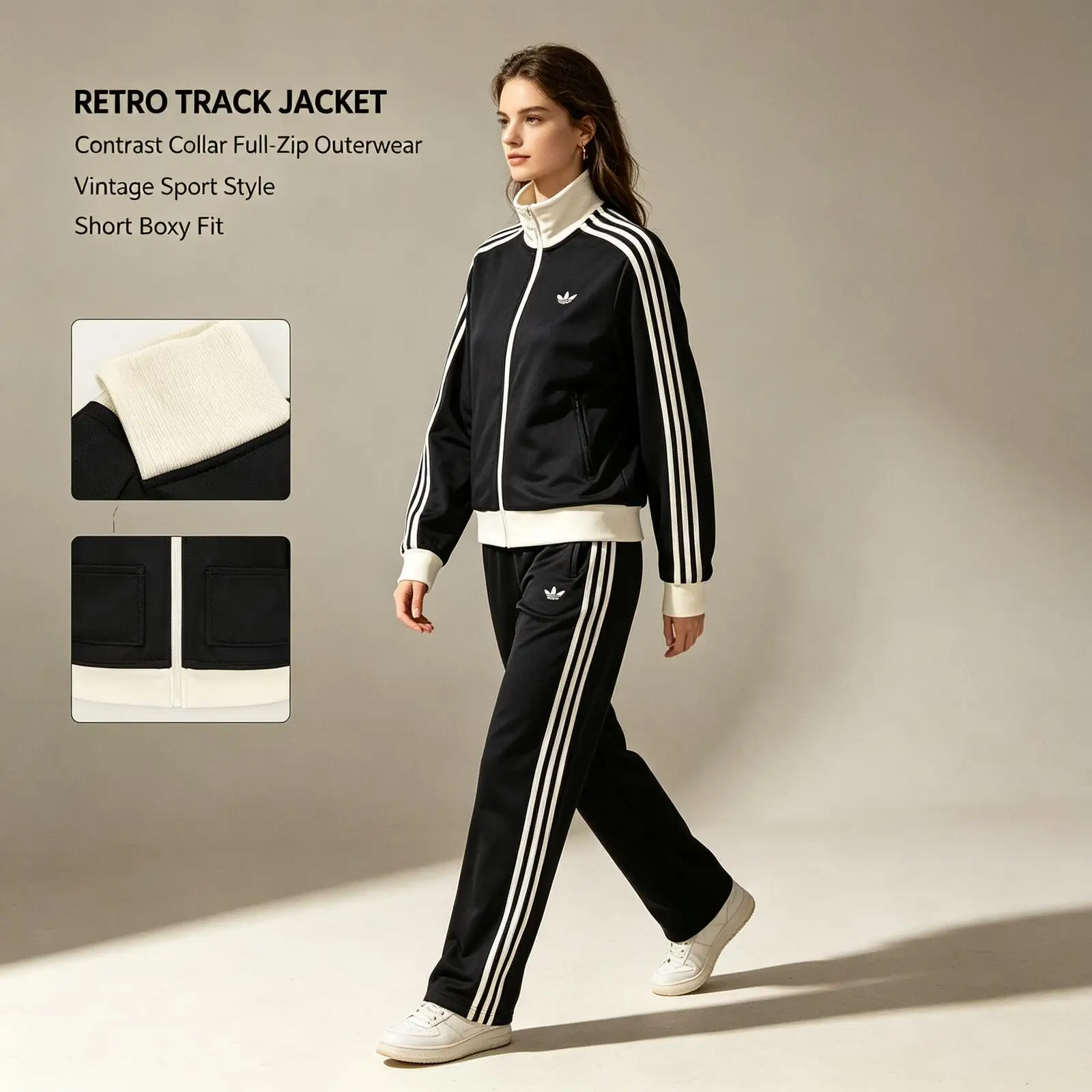 Adidas CLASSIC TT KD7969 Originals Women Black White Track Jacket Retro Contrast Stand Collar Full-Zip White Striped Outerwear