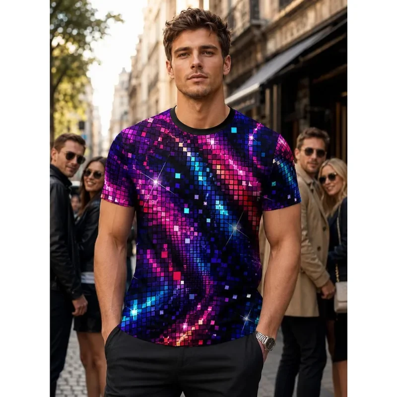 Men Crew Neck T Shirt Vibrant Pixel Disco Mosaic Glitter Star Sparkles Purple Pink Blue Gradient Nightclub Street Casual Tee