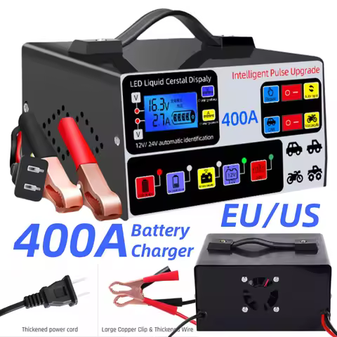 400A Car Battery Charger 12V/24V Battery High Power Fast Charger 220W Intelligent Pulse Repair Charger Self-Stop Battery Charger