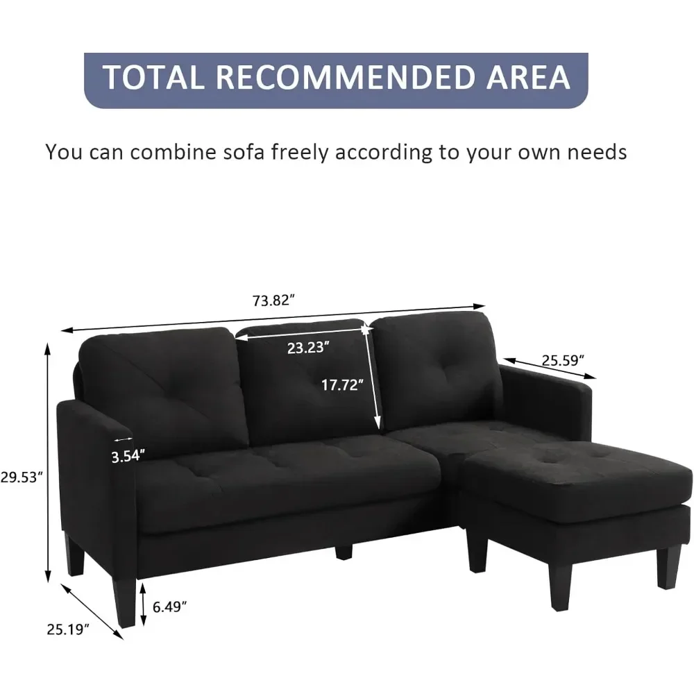 Convertible 3-seat L-shaped sectional sofa, modern linen fabric, perfect for small living room, black, stylish & functional