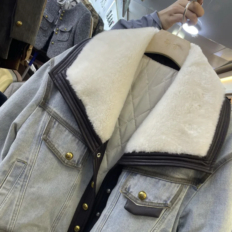 DEAT-abrigo vaquero para mujer, chaquetas gruesas con cuello vuelto y relleno de algodón con borde de cuero Pu de retales, nueva moda de invierno 2024 29L9066