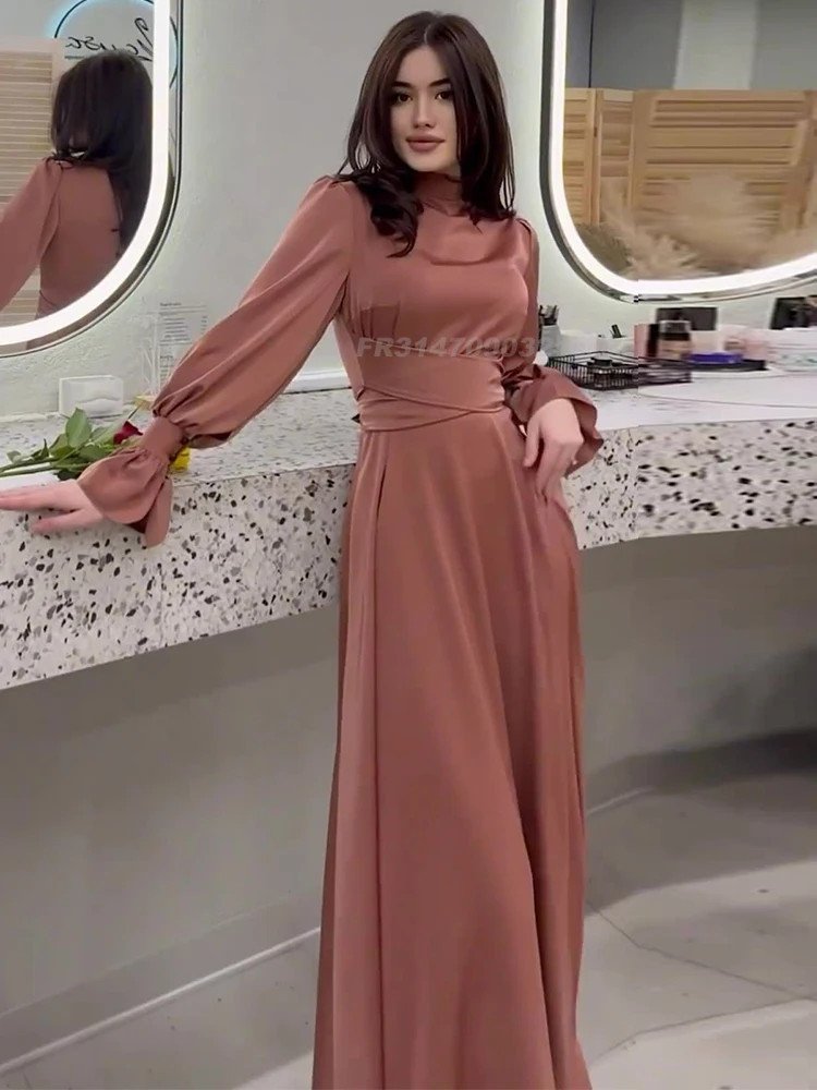 Eid Satin Party Dress for Women Flare Sleeve Abaya Vestidos Largos Dresses Ramadan Belted Islam Elbise Dubai Arab Long Robe 2024