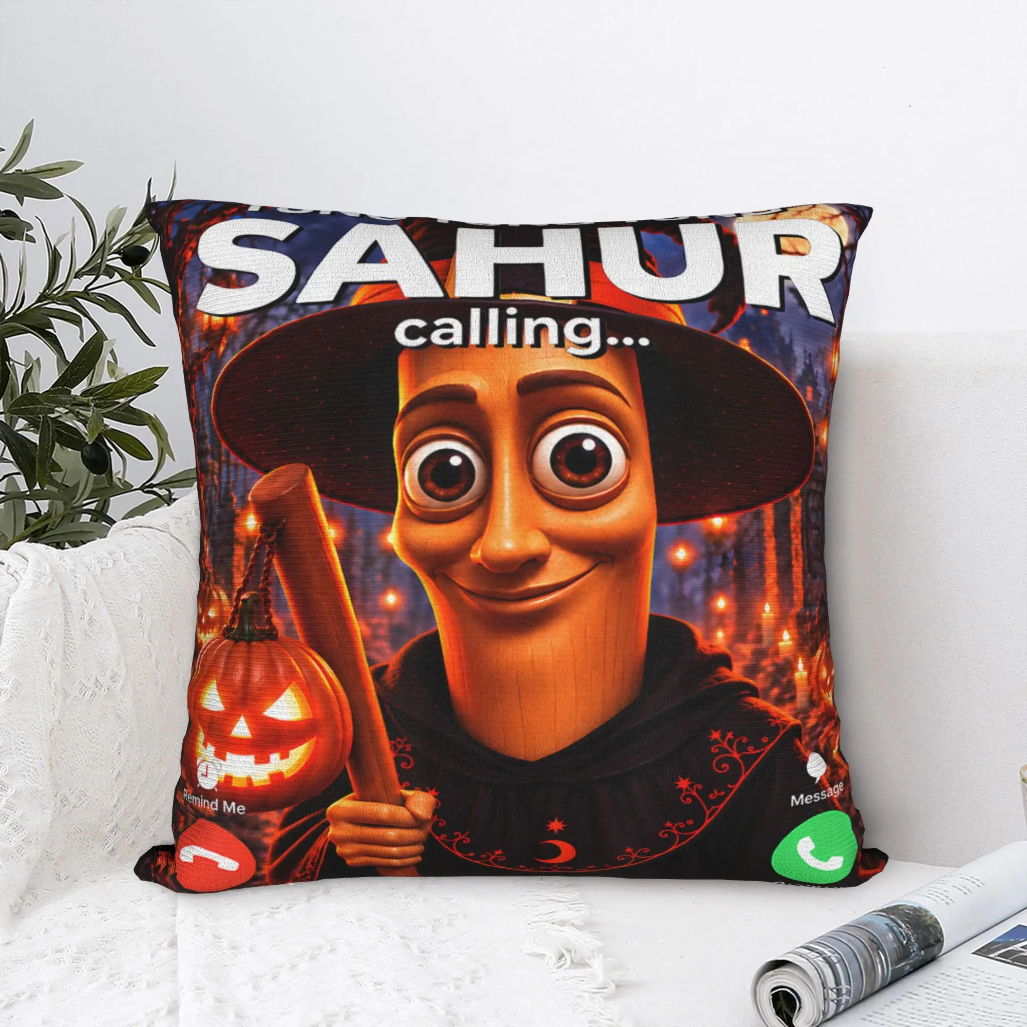 Tung Tung Sahur Calling Halloween Funny Meme Brainrot Pillow Cover Morden Pillow Case For Sofa Home Decor Soft Cushion Cover
