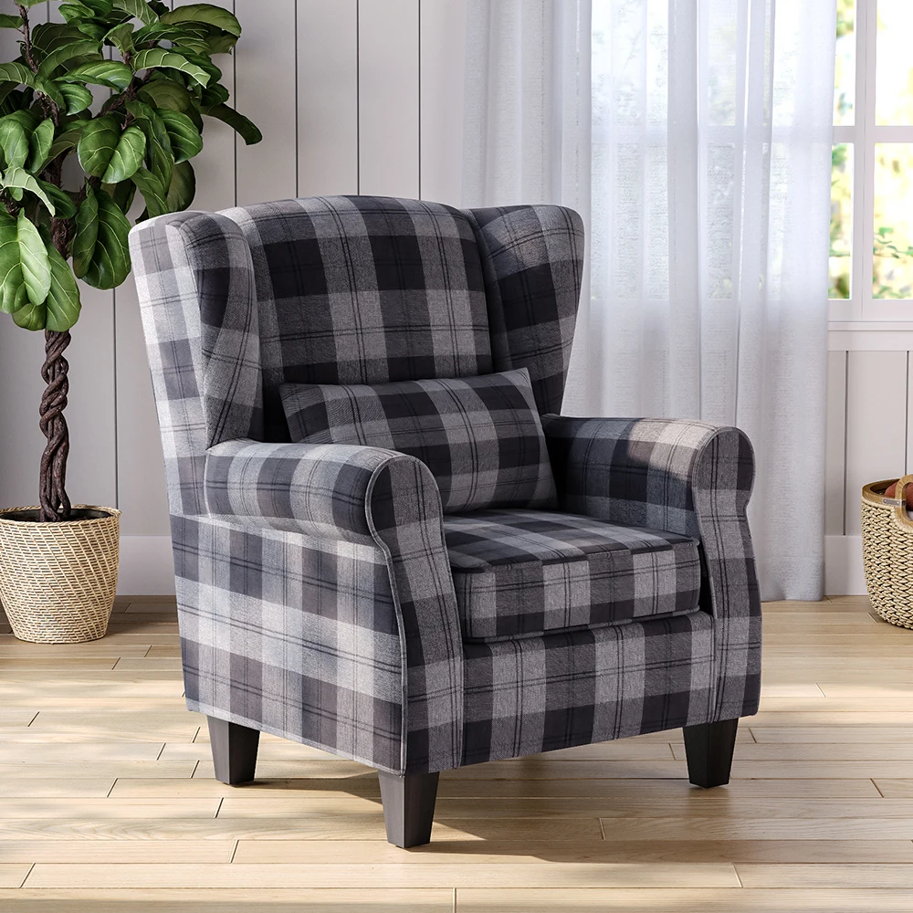 Chesterfield Tartan High Back Armchair with Thick Cushion and Pillow, Grey