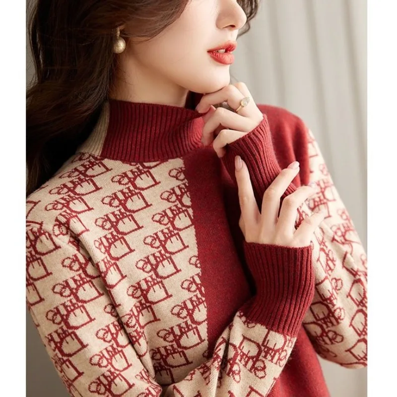 Women's Autumn Winter Fashion Pullover Half High Neck Contrast Diamond Jacquard Casual Long Sleeve Loose Sweater Knitted Tops
