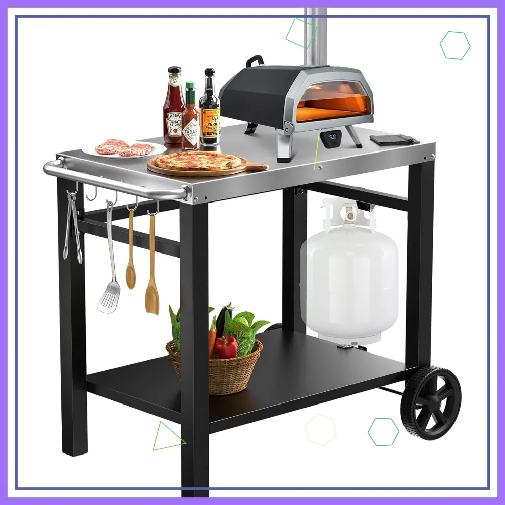 

Double-Shelf Stainless Steel Grill Cart, Movable Kitchen Island for Indoor/Outdoor, Fits Pizza Ovens & Griddles, 33.5"x21"
