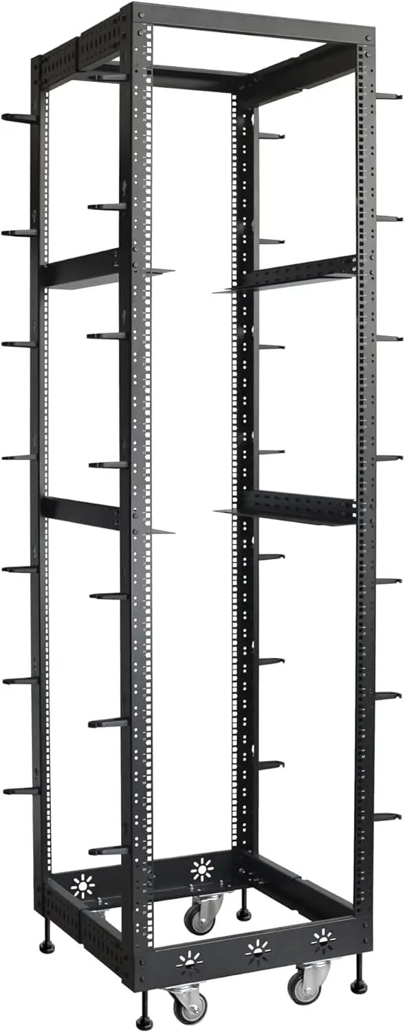 Rack serwerowy RIVECO 42U 19” z regulacją głębokości, nośność do 770 kg, stojący na podłodze, 4-słupkowy rack z szynami L i kółkami nośnymi.