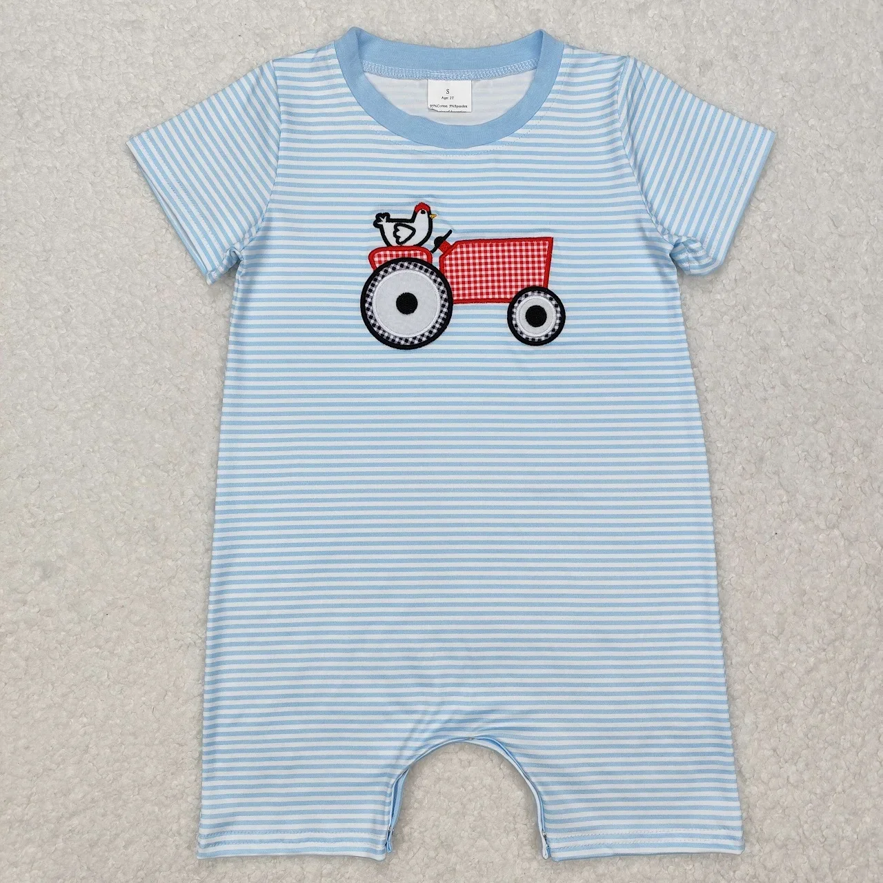 Wholesale Kids Infant Jumpsuit Baby Boy Short Sleeves Children Clothes Newborn Toddler Stripes Embroidery Tractor Chicken Romper