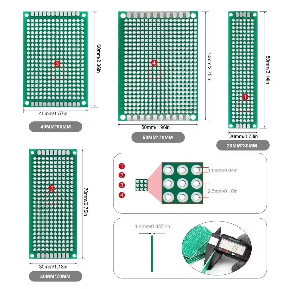 Circuit imprimé en étain de pulvérisation d'un côté, espacement de 2.54MM, carte PCB, carte d'expérimentation 2x8/3x7/4x6/5x7/6x8/7x9/8x1 2/9x15/10x10CM, 10 pièces