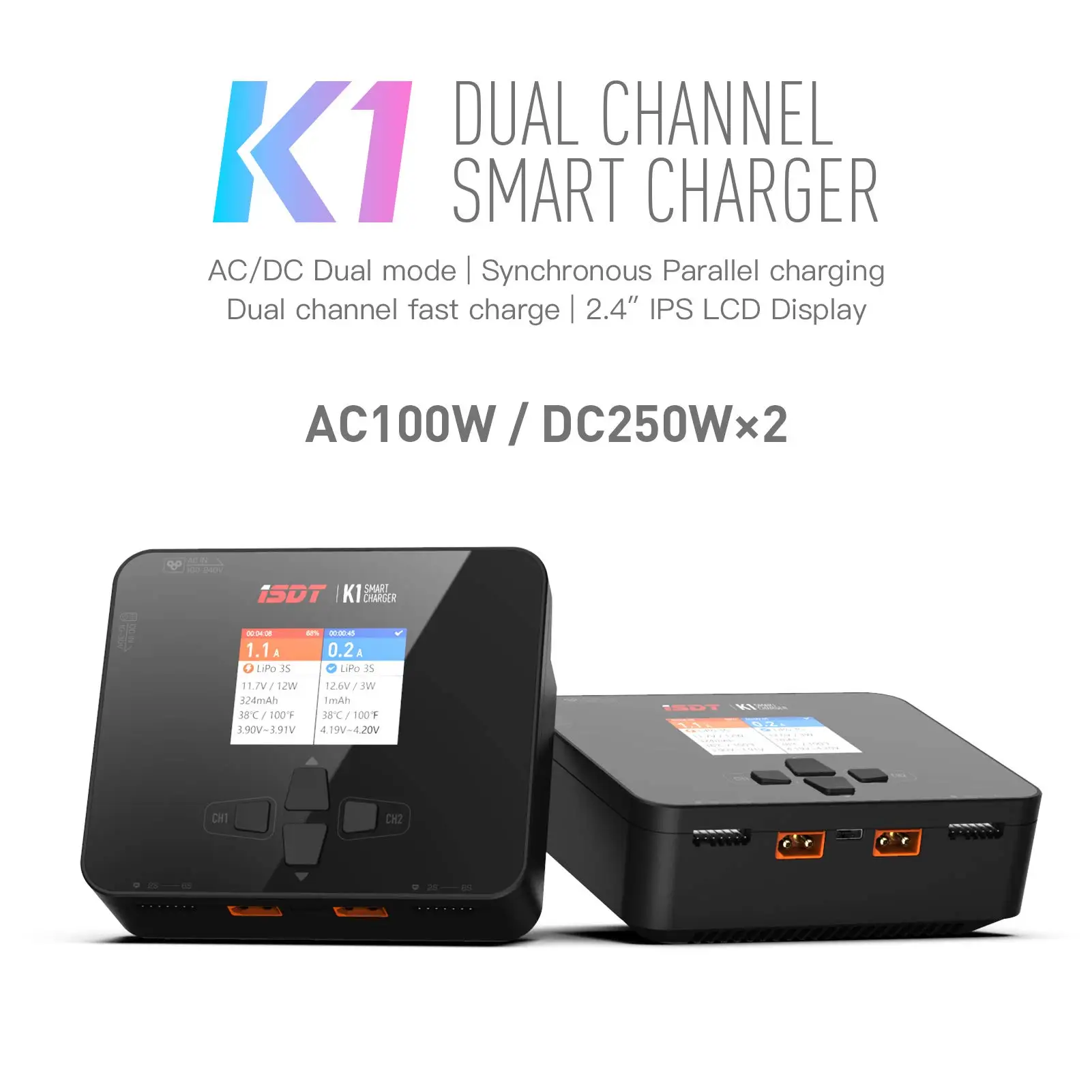 ISDT K1 AC 100W DC 2X250W 10A Dual Channel Balance Lipo Charger for Lipo NiMh Pb Battery - US/EU Plug