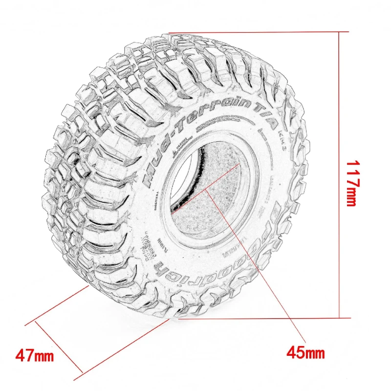BFGoodrich 1.9-inch crawler tires, 117mm diameter, suitable for TRX4/TRX6/SCX10 and Baja 1000 models.  (Tire accessories)