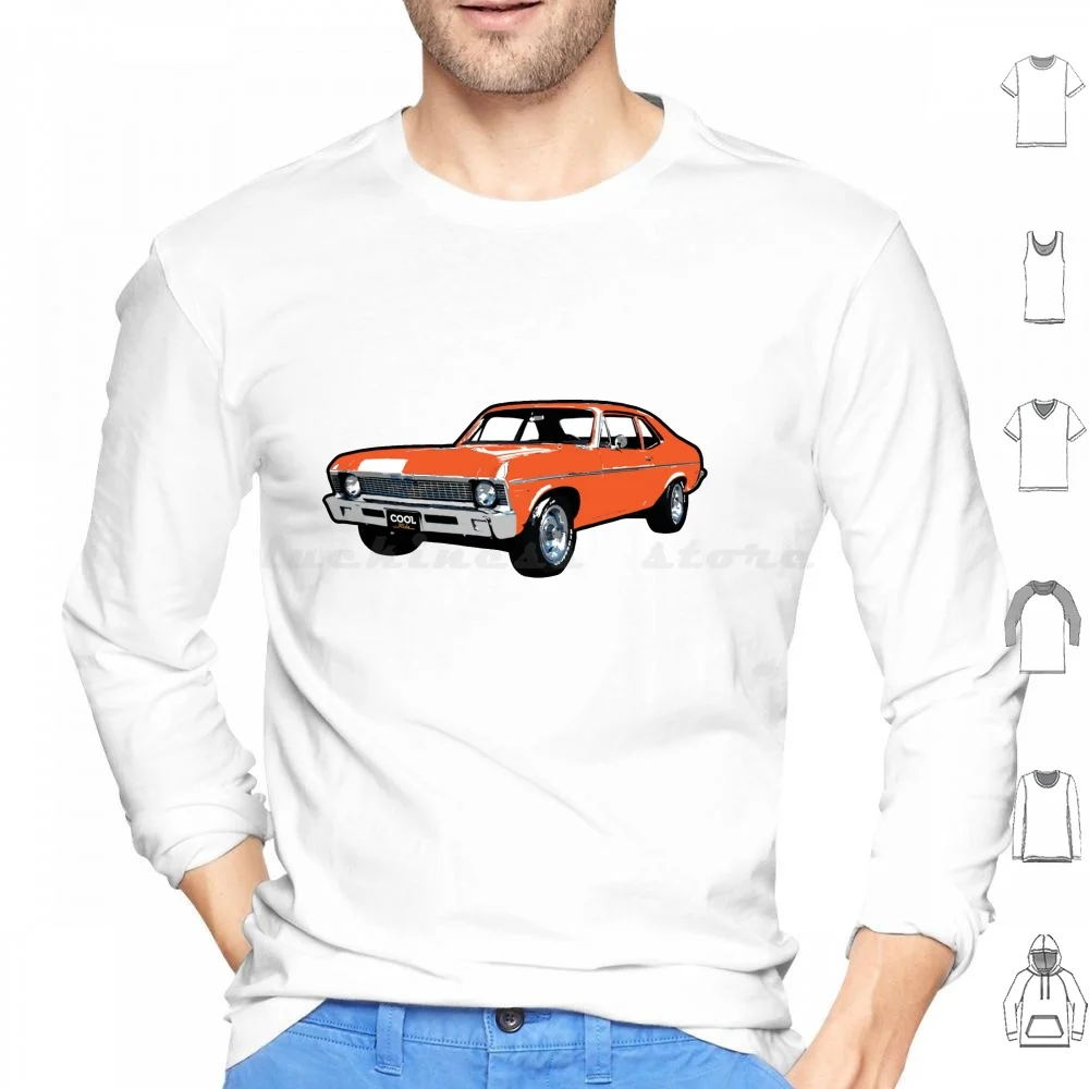 Orange 60s Cn Hoodie Cotton Long Sleeve Chevy Nova Nova Chevy Ii Chevy 2 V8 Muscle Car 250 350 American Muscle Old