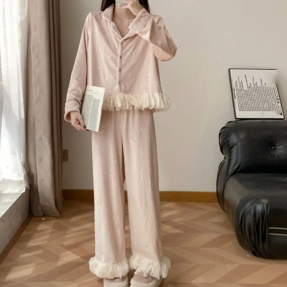 

Soft Long Sleeve Bow Pajamas Set Sweet Ruffle Velvet Pajamas Suit Winter Home Wear Warm Thicken Sleepwear Women