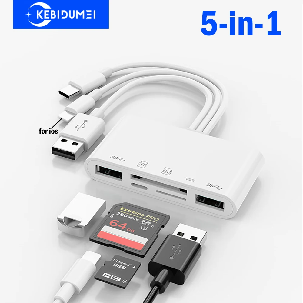 5-in-3 USB 3.0 허브 USB C 도킹 스테이션 유형 C 허브 분배기(충전 포트 포함) PC 노트북 Macbook Pro iPhone용 OTG 어댑터