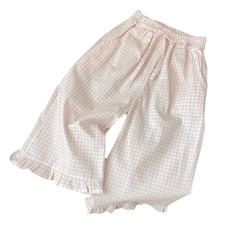 Girls Summer Clothes New Fashion Korean Style Baby Girls Short Sleeve T-Shirt Tops Comfortable Plaid Lace Wide Leg Pants image 5