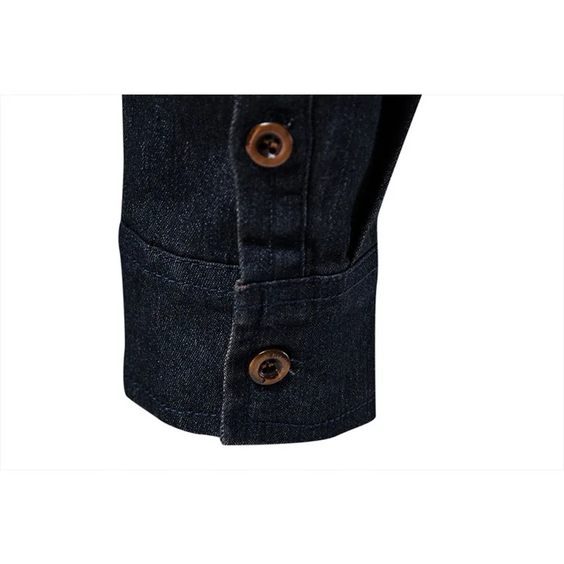 Alta Qualidade Elastic Algodão Denim Shirt Homens Manga Longa Cor Sólida Bolso Camisas para Homens Casual Slim Fit Mens Designer Vestuário