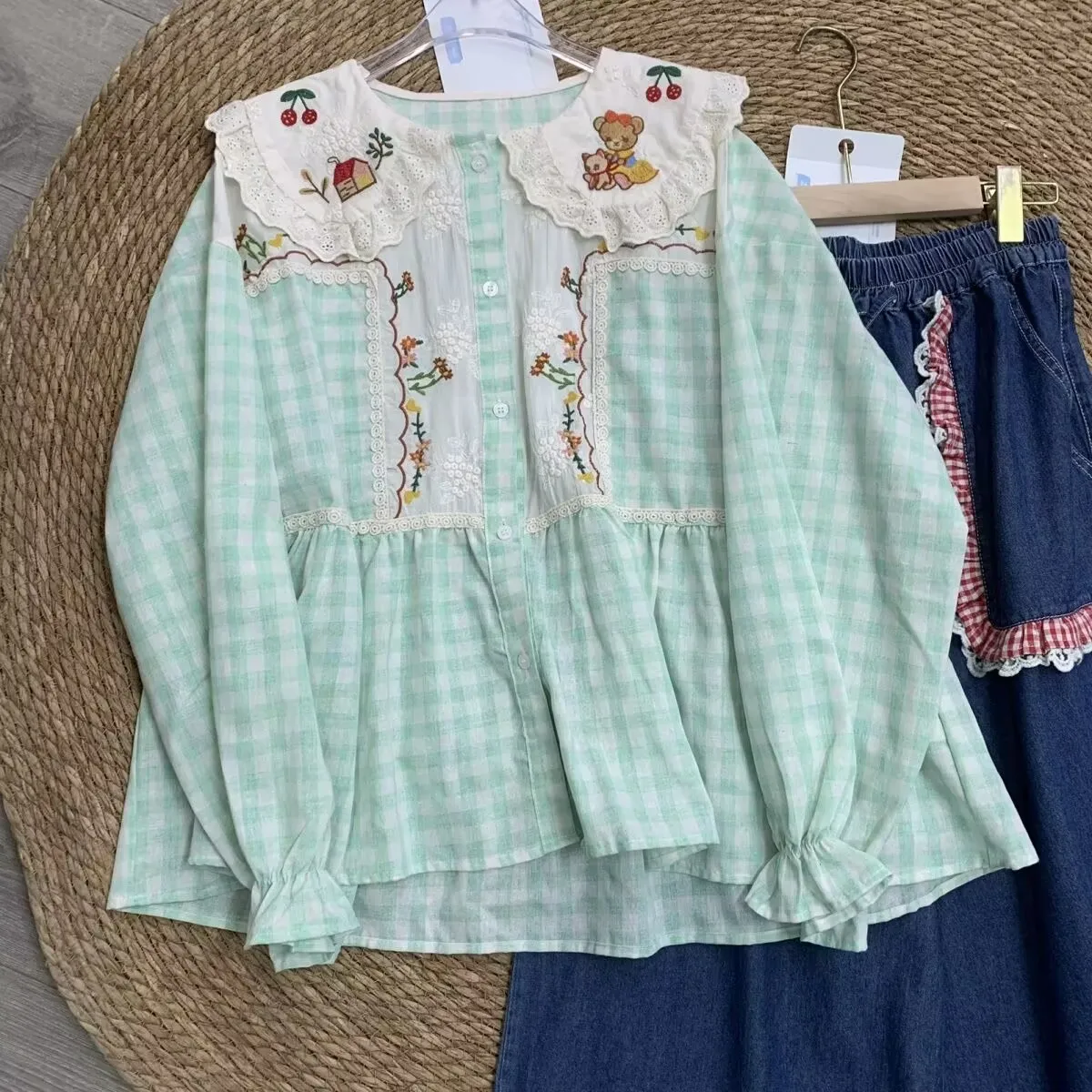 

Весенне-осенняя хлопково-льняная рубашка с длинными рукавами, женская свободная кукольная блузка с вышивкой Mori Girl