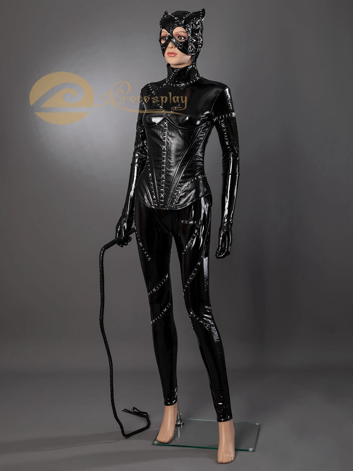 In Stock Selina Kyle Cosplay Costume Headgear Black Patent Leather Jumpsuit Women Halloween Outfit C08558