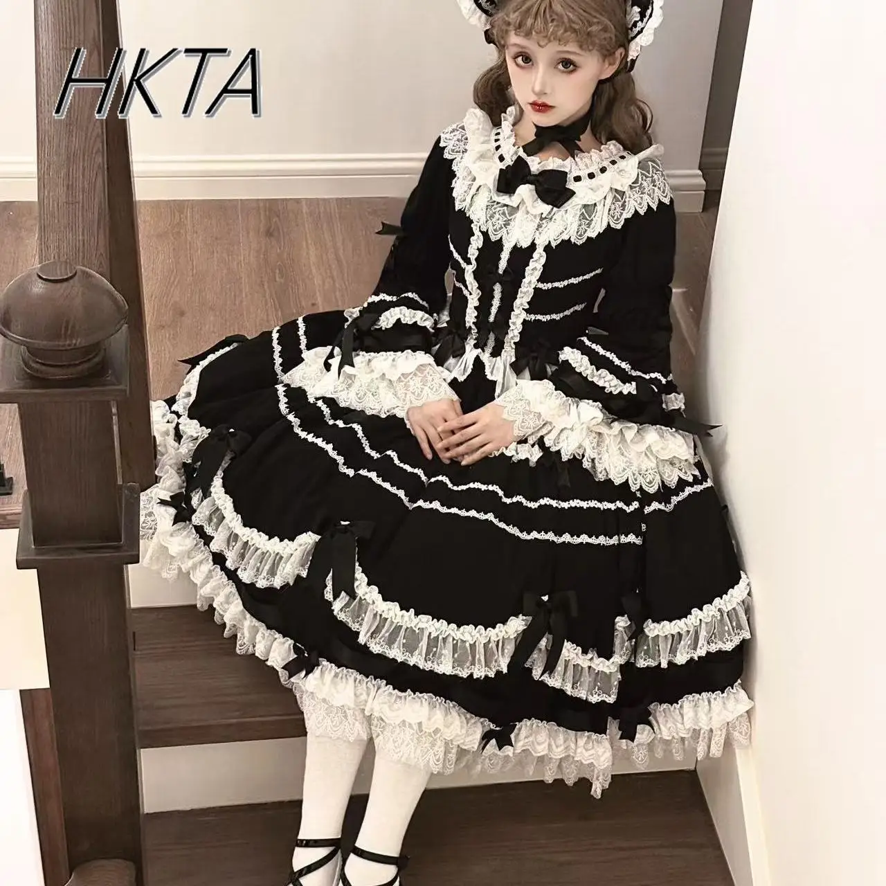 Elegancka Koronkowa Suknia Balowa z Długim Rękawem i Plisami, Sukienka Księżniczki, Damska Letnia Słodka Urocza Wyszczuplająca Sukienka Tortowa z Długim Dołem, Lolita Dziewczyna