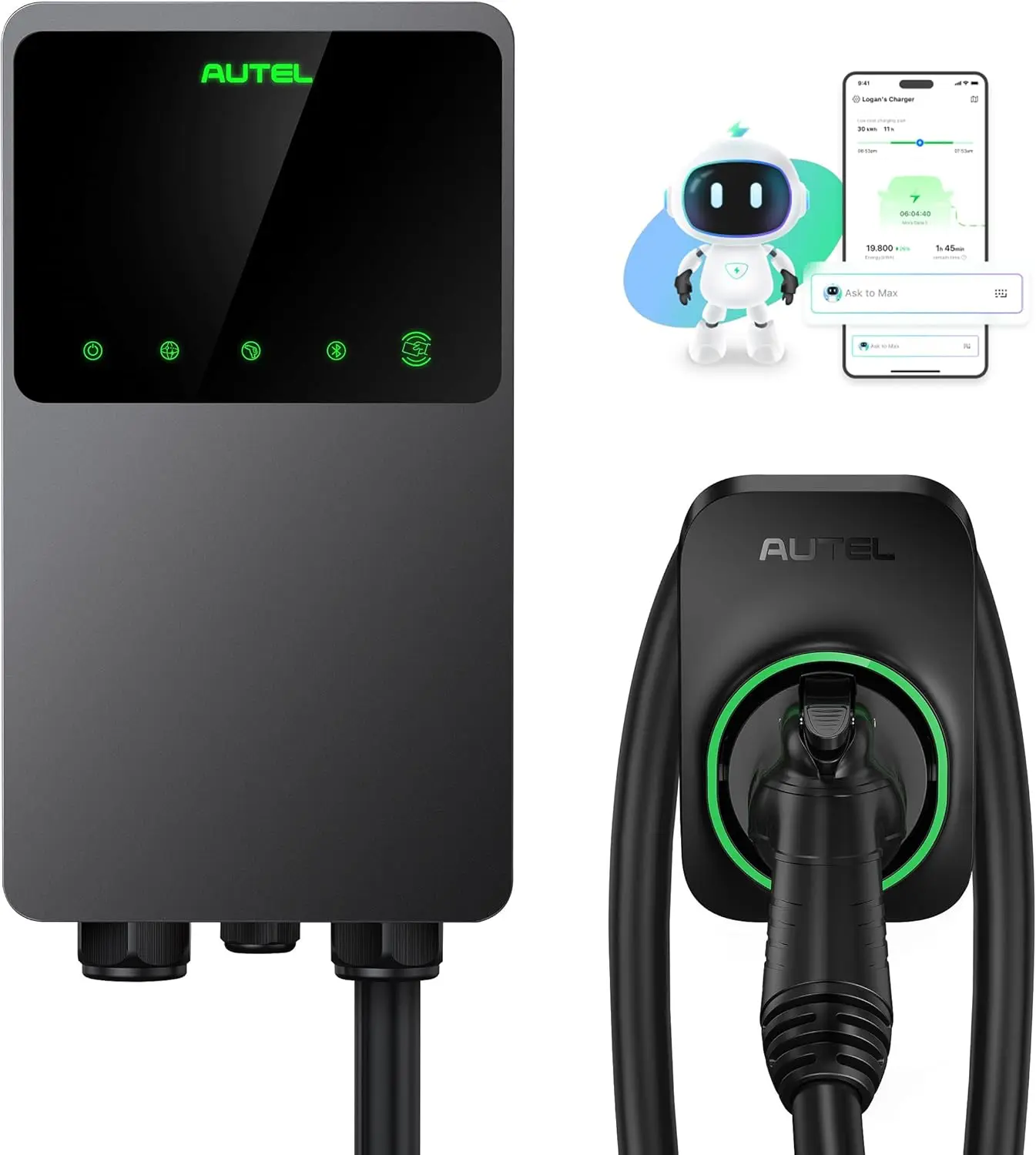 

Autel Level 2 EV Charger up to 50Amp, 240V, Indoor/Outdoor Car Charging Station with J1772 Connector, Wi-Fi and Bluetooth Enabled EVSE, Hardwired,25-Foot Cable with Separate Holster,