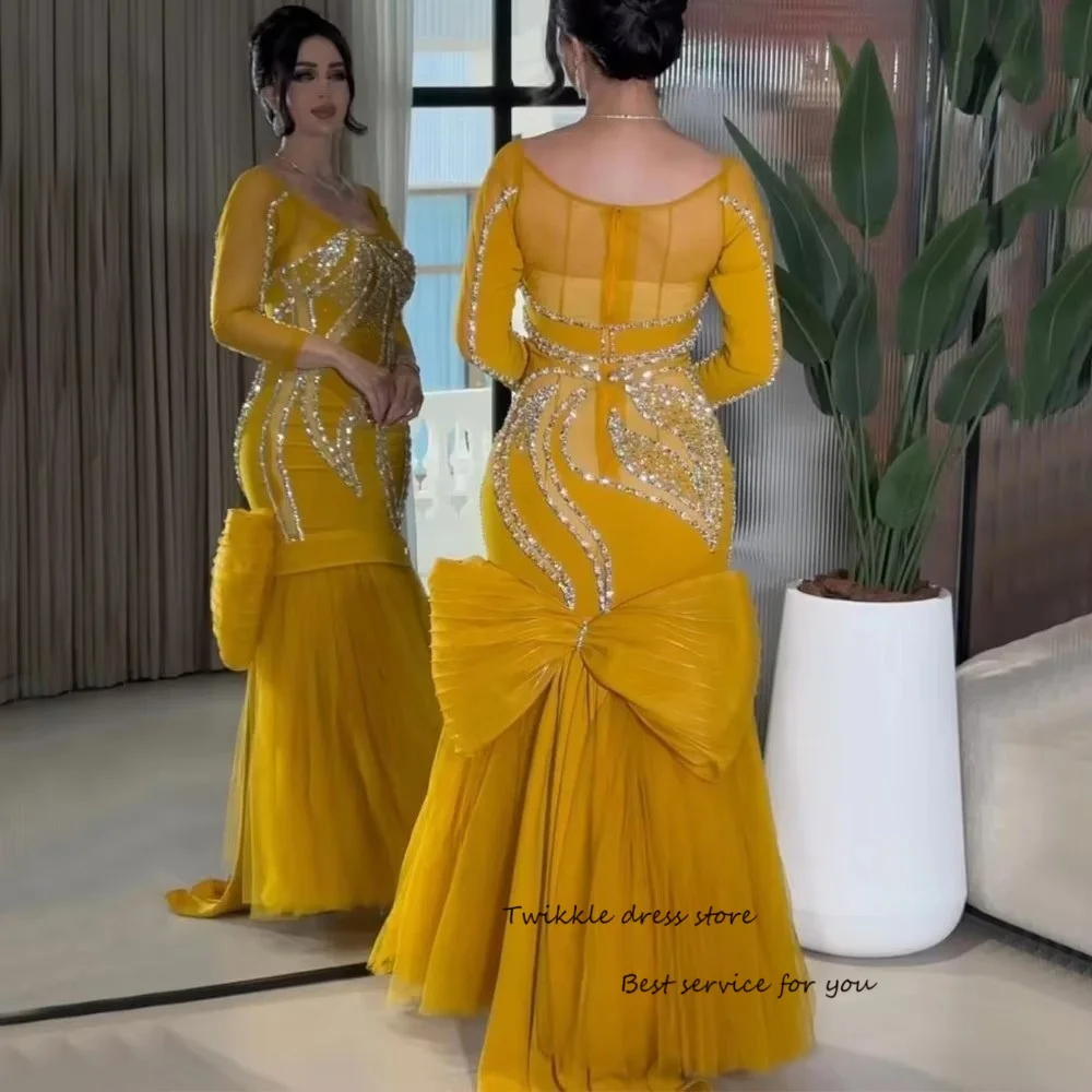 Tulle Evening Dresses With Bead Embellished Scoop Neck Mermaid Sexy Prom Dress Long Sleeve Customized Party Gowns For Women