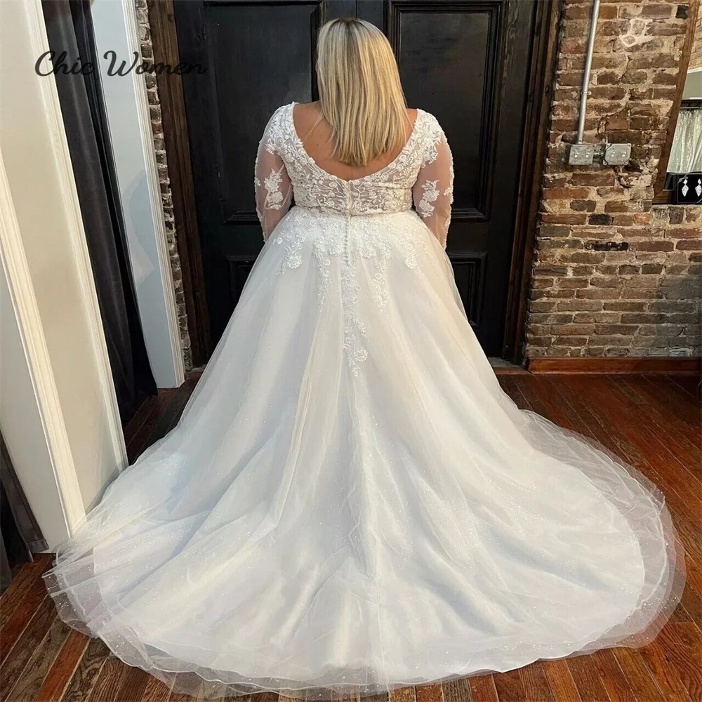 Sparkle Plus Size Wedding Dress With Lace A Line Tulle Long Sleeve V Neck Backless Bridal Gown Elegant 2023 Garden Outdoor Bride