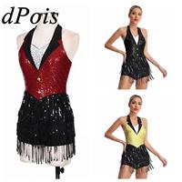 Womens Jazz Fringed Jumpsuit Sparkly Sequins Cha-cha Latin Dance Costume Halter Backless Rumba Tango Tassel Leotard Dancewear