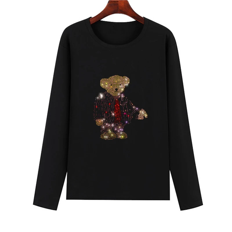 New Autumn long-sleeved T-shirt Diamond Cartoon Bear printed T-shirt Women's Cotton T-shirt basic T-shirt oversized T-shirt 5XL