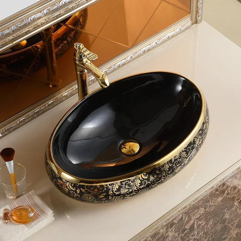 Luxury royal vintage vanities table counter top oval ceramic bathroom vessel sink gold and black hand wash art basin