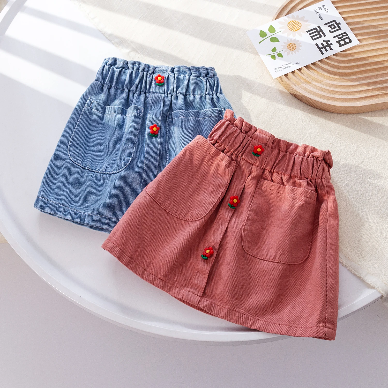 Summer Baby Girls Denim Skirt Elastic Waist Flower Buttons Short Skirt Korean Style Solid Color Casual Jean Skirt 1-6Years