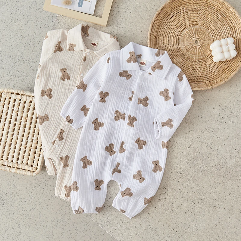 

Suefunskry Baby Boy Girl Romper Bear Print Turn-Down Collar Long Sleeve Jumpsuit Spring Fall Casual Newborn Playsuit 0-24Months