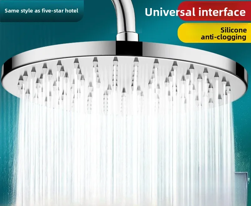 

Pressure-enhanced large-top spray shower head made of stainless steel, suitable for home bathroom use for showering and bathing.