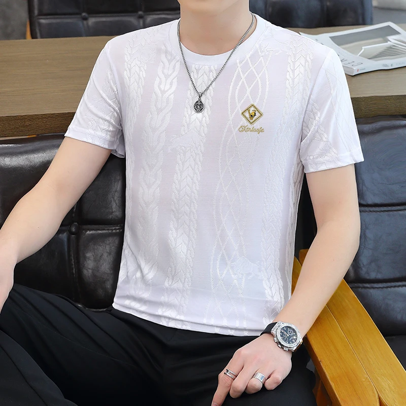 Ice Silk Coolness T Shirt For Men Short Sleeve Jacquard Slim Fit Summer Quality Smooth Comfortable Elastic Casual Tees Camisetas