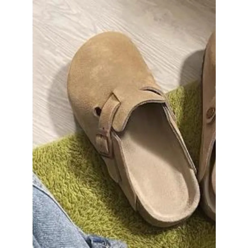 New Fashion Faux Suede Flat Slippers Women Autumn Vintage Close Toe Mules Shoes Woman Soft Sole Cork Slides Outdoor Slippers