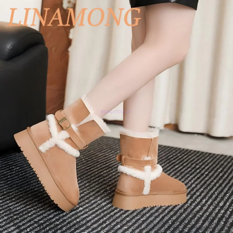 Suede Belt Buckle Snow Boots Simple Style Splicing Design Sleeve and Fleece Warm Thick Sole Height Increasing Short Boots