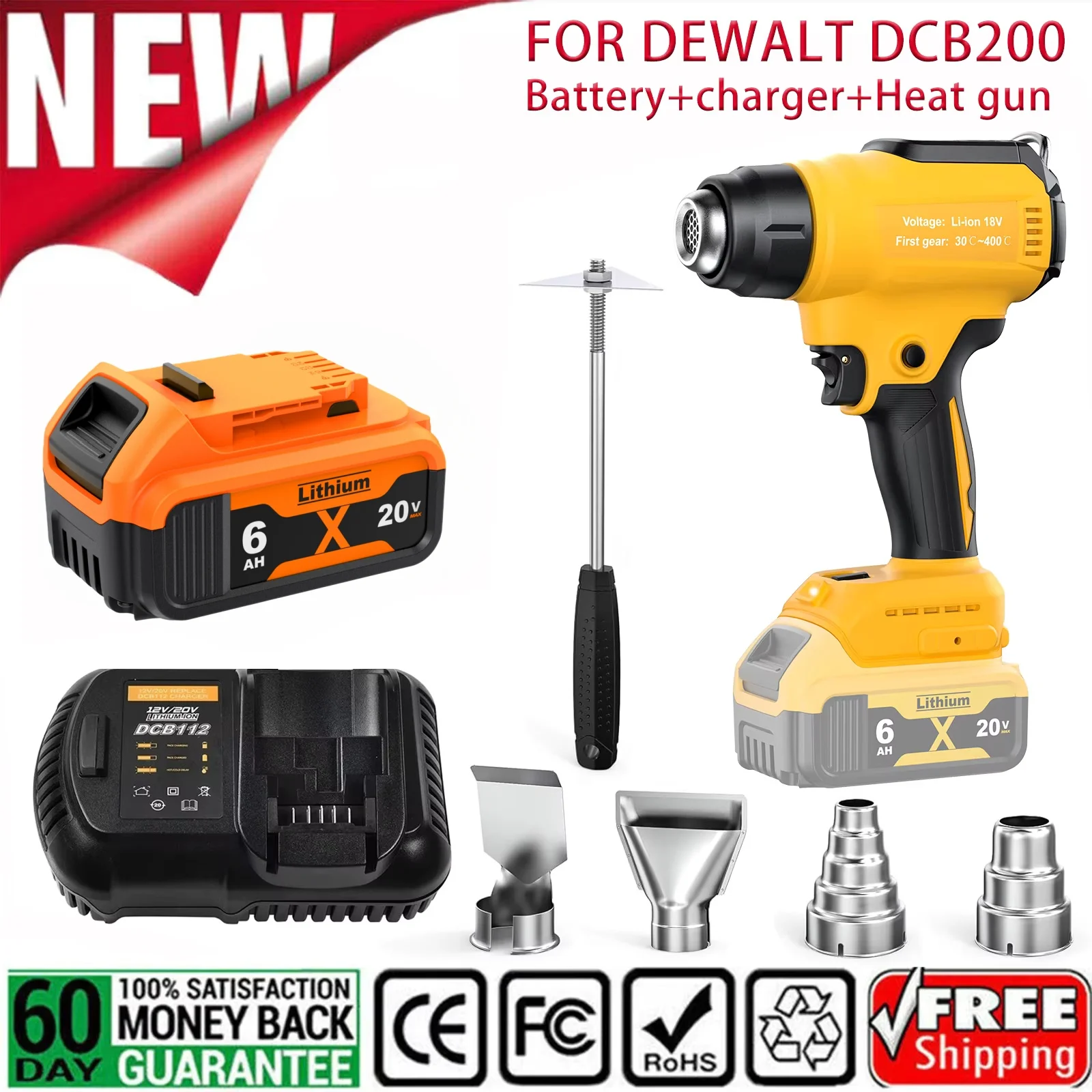 Cordless Heat Gun for DeWALT DCB200 20v Battery, 90℉-990℉ Adjustable Temperature Battery Heat Shrink Gun with 5 Nozzl