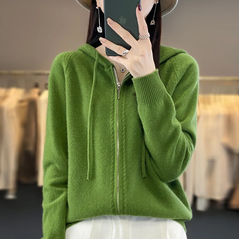 100% pure wool knitted jacket ladies' high sense 2023 autumn and winter fashion hooded zipper sweater cardigan