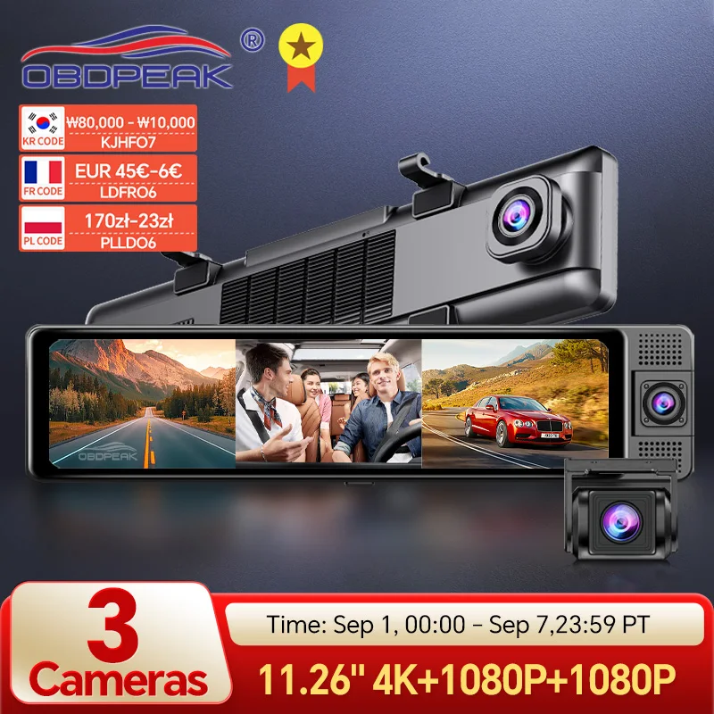 H330 Dash Cam 3 Channel Rearview Mirror Front Inside Rear 4K+1080P+1080P WiFi GPS Dual Lens Car Dvr Camera Infrared Night Vision