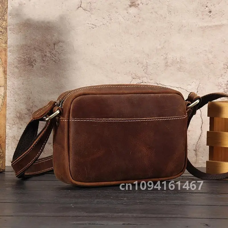 Bolsa mensageiro de couro crazy horse, bolsa de ombro de couro masculina para celular, bolsa crossbody para homens e mulheres