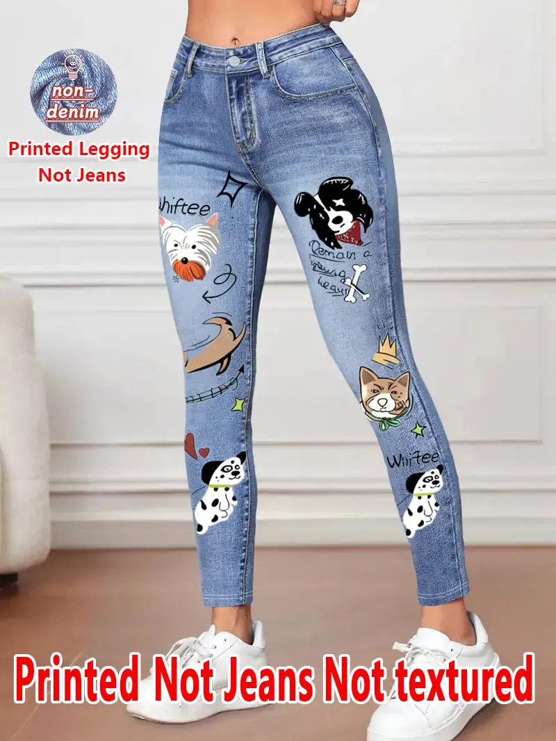 8463 Women's Printed Leggings Non-Faux Denim Fabric Three-Quarter Pants Casual Stretchy Wide Leg Trousers