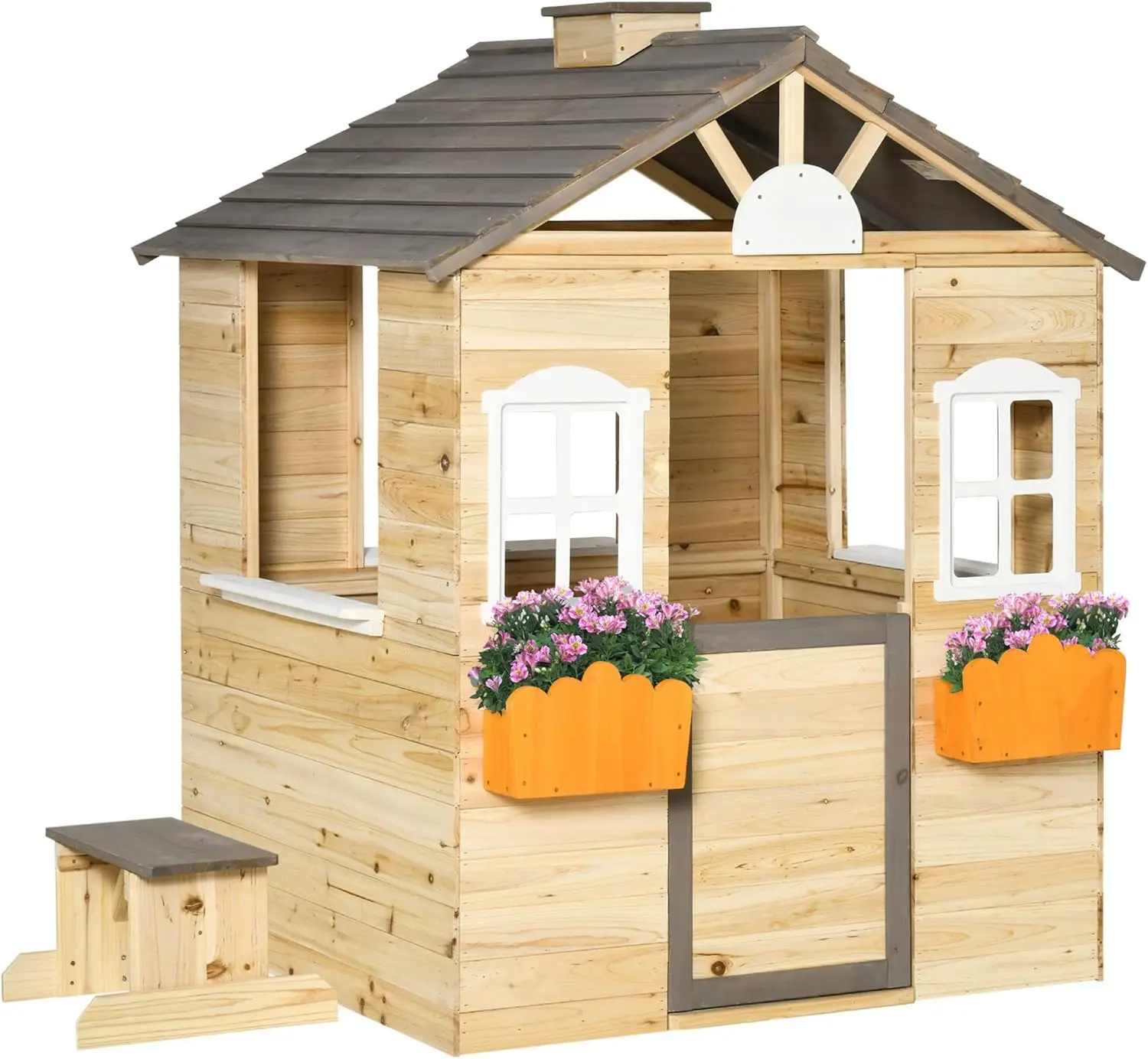 Casita de juegos de madera para niños, juegos de simulación de jardín al aire libre, cabaña de aventuras, con puerta de trabajo, ventanas, banco, estación de servicio