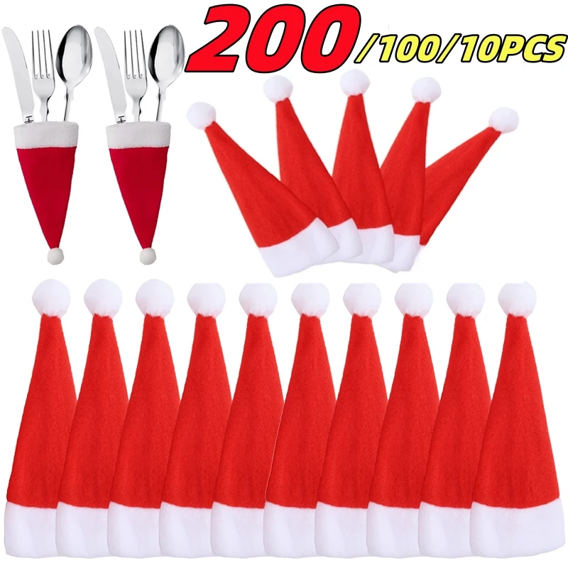 200/100/10/1PCS Christmas Fork Knife Cutlery Bag Home Decor Xmas Hats Decorations Tableware Holder Bag Christmas Ornament