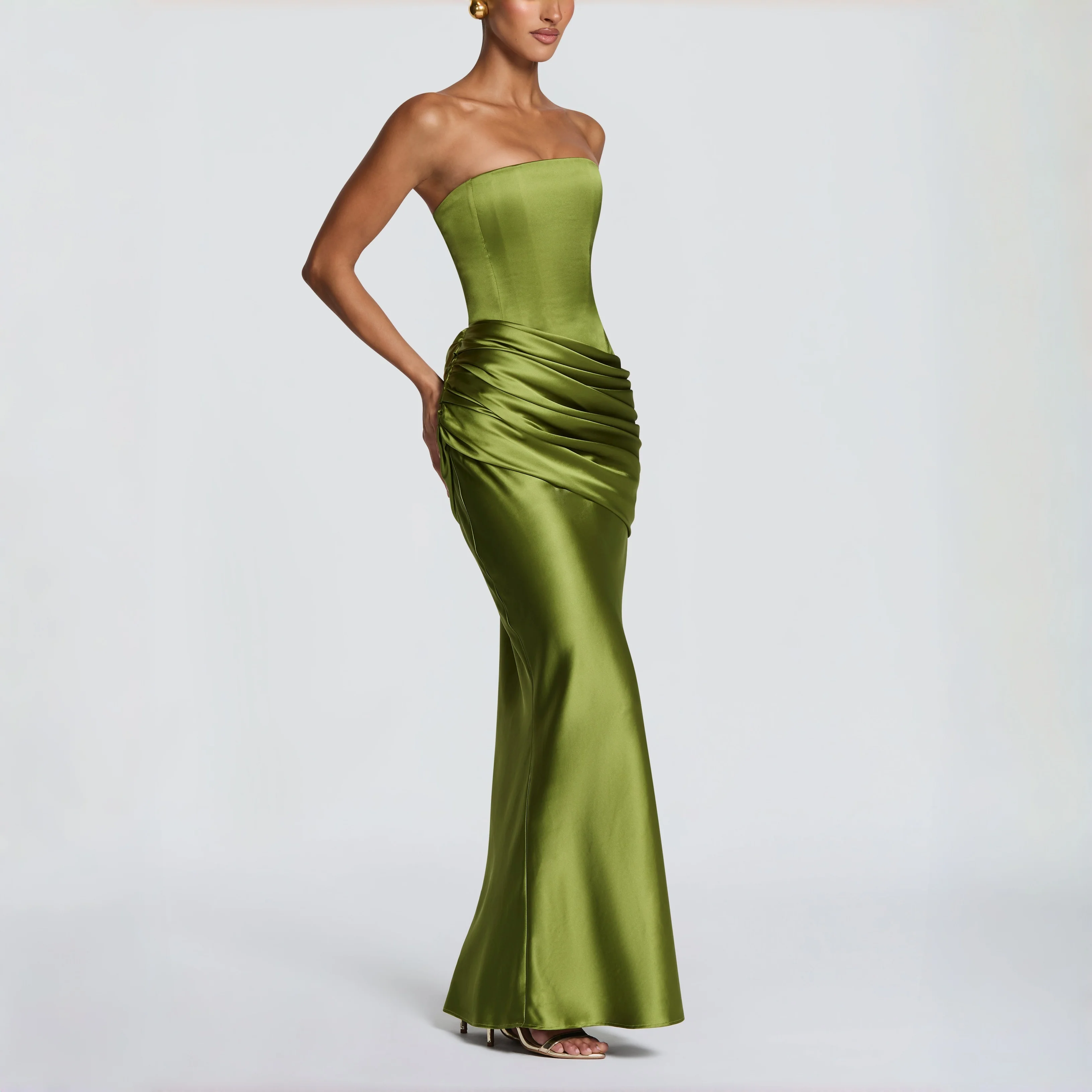 Detachable Off Shoulder Satin Corset Mermaid Gown、Waist Ruched Lace Up Back Evening Dress、2 Ways Wear Formal Wedding Guest Gown view 5