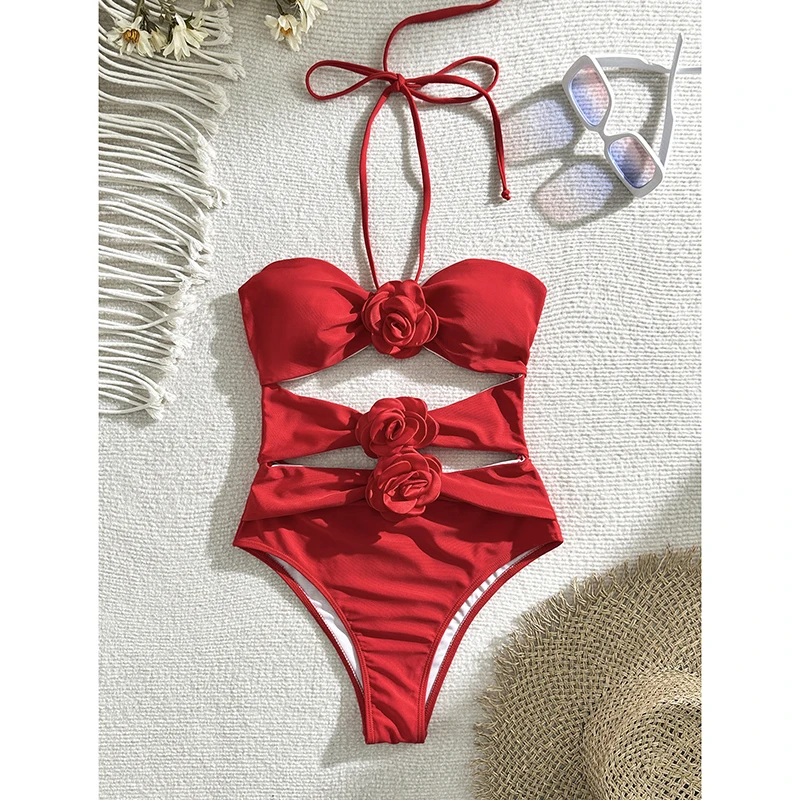 Sexy Black Halter One Piece Swimsuit Women Cutout Monokini with 3D Flower Design Trendy Beachwear for Summer Holiday Vacation